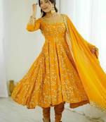 Yellow georgette embroidered gown set