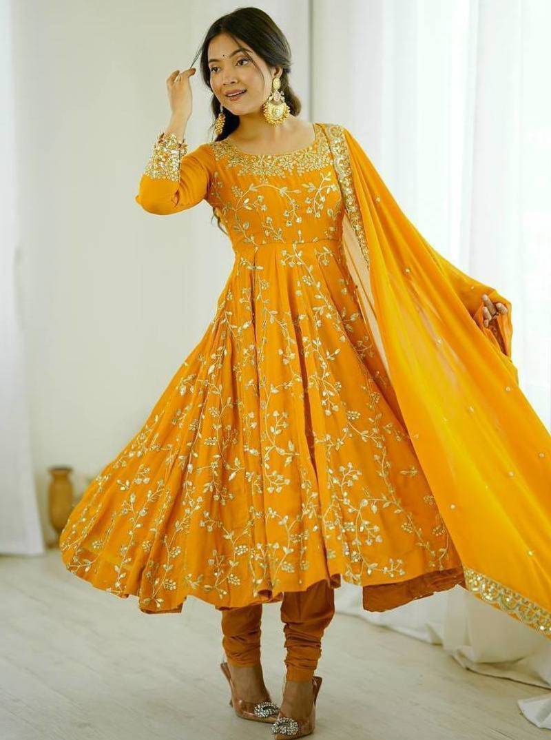 Yellow georgette embroidered gown set