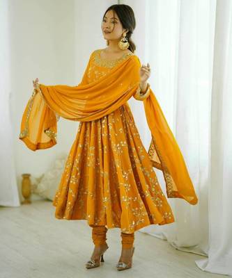 mustard yellow georgette floral embroidered festive gown set 2