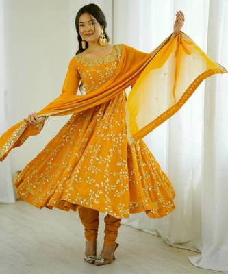 mustard yellow georgette floral embroidered festive gown set 3
