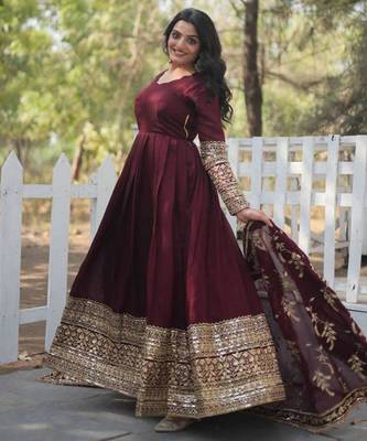maroon cotton embroidered festive gown set 1