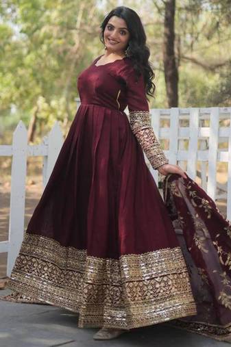 Maroon cotton embroidered gown set