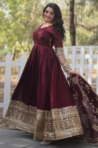 Maroon cotton embroidered gown set