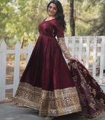 Maroon cotton embroidered gown set