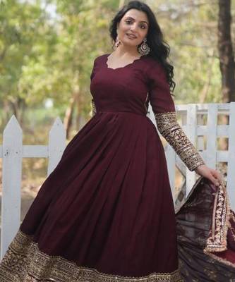maroon cotton embroidered festive gown set 2