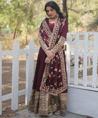 maroon cotton embroidered festive gown set 3