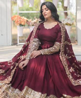 maroon cotton embroidered festive gown set 4