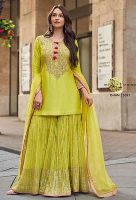 sunshine yellow silk blend embroidered sharara set 1
