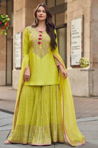 Yellow silkblend embroidered sharara set