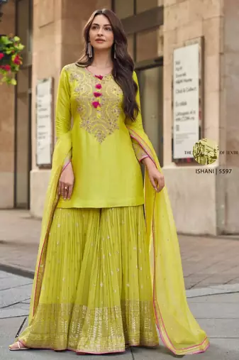 Yellow silkblend embroidered sharara set