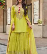 Yellow silkblend embroidered sharara set