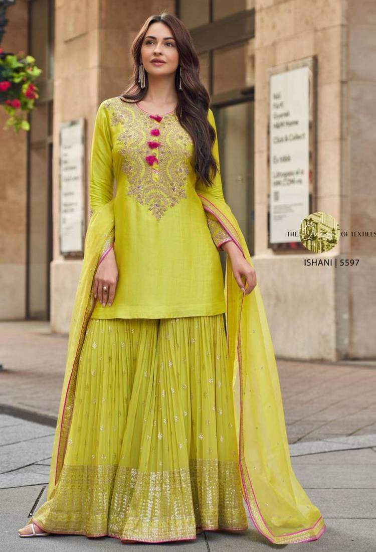 Yellow silkblend embroidered sharara set