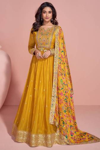 Yellow silkblend embroidered anarkali suit