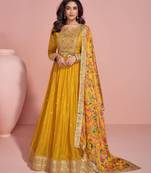 Yellow silkblend embroidered anarkali suit