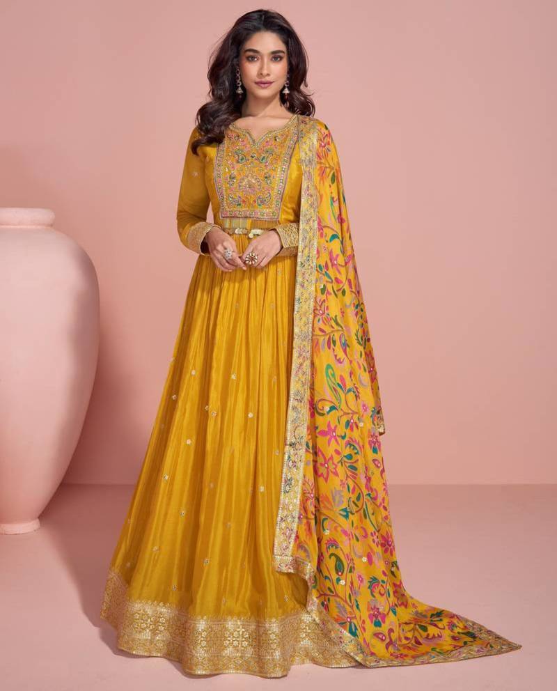 Yellow silkblend embroidered anarkali suit