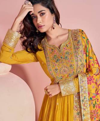 yellow silk blend embroidered festive anarkali suit 2
