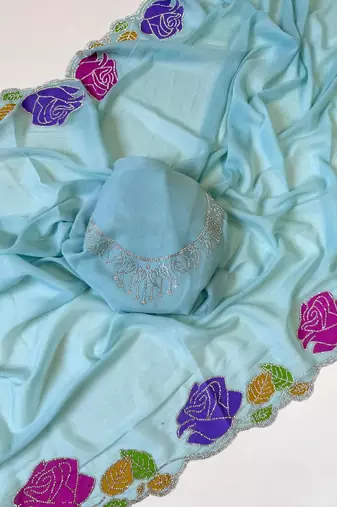 Sky Blue Color  Zarkhan Diamond Flowers Outing Work  Georgette Saree