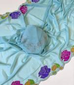 sky blue georgette zarkhan diamond floral work saree