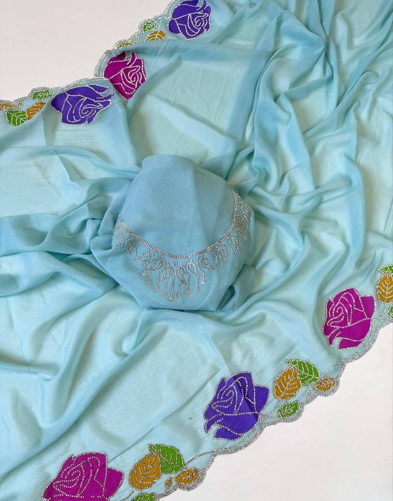 Sky Blue Color  Zarkhan Diamond Flowers Outing Work  Georgette Saree