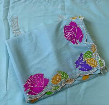 sky blue georgette zarkhan diamond floral work saree 2
