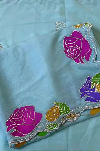 sky blue georgette zarkhan diamond floral work saree