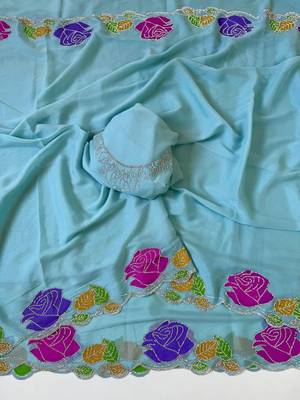 sky blue georgette zarkhan diamond floral work saree 3