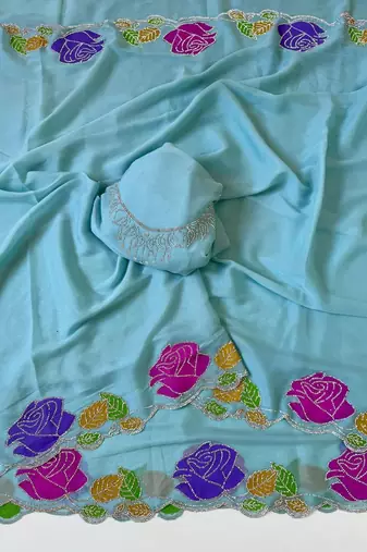sky blue georgette zarkhan diamond floral work saree