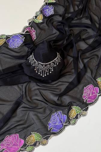 Black Color  Zarkhan Diamond Flowers Outing Work  Georgette Saree