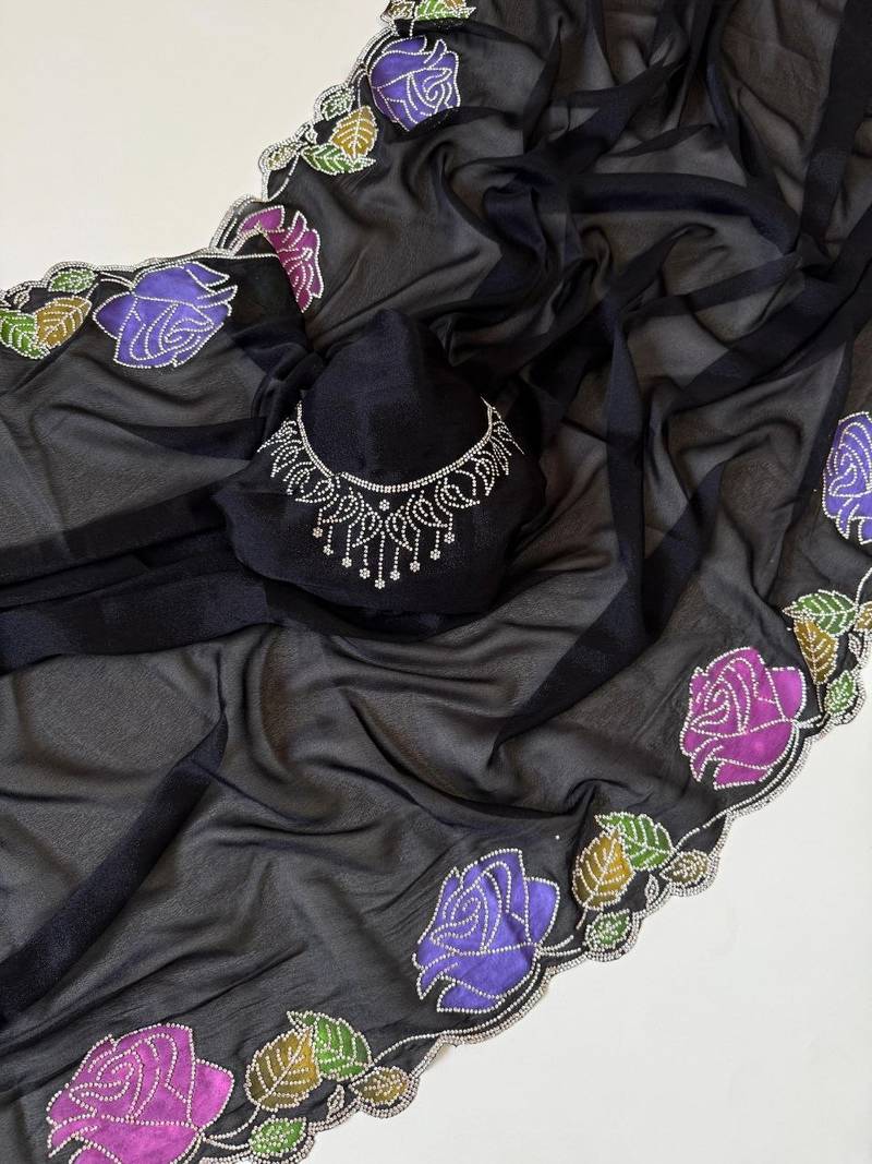 Black Color  Zarkhan Diamond Flowers Outing Work  Georgette Saree