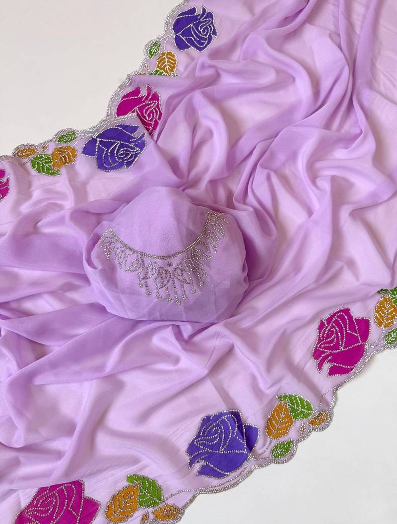 Lavender Color  Zarkhan Diamond Flowers Outing Work  Georgette Saree