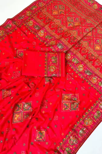 Red Color Minakari Jaqurad Weaving Work Pasmina Silk Saree