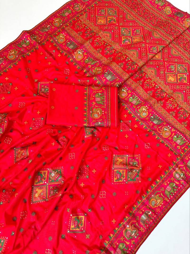 Red Color Minakari Jaqurad Weaving Work Pasmina Silk Saree