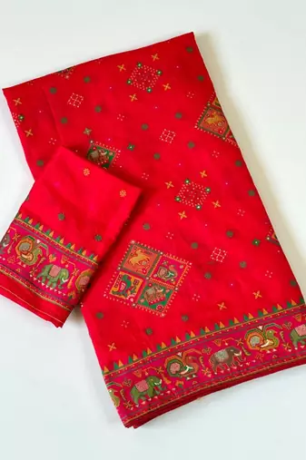 red pashmina silk meenakari jacquard saree