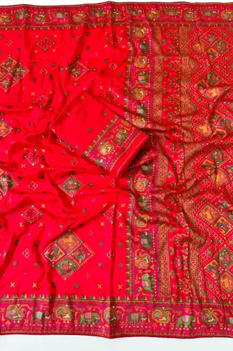 red pashmina silk meenakari jacquard saree