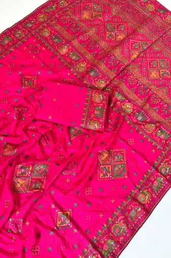 Dark Pink Color Minakari Jaqurad Weaving Work Pasmina Silk Saree