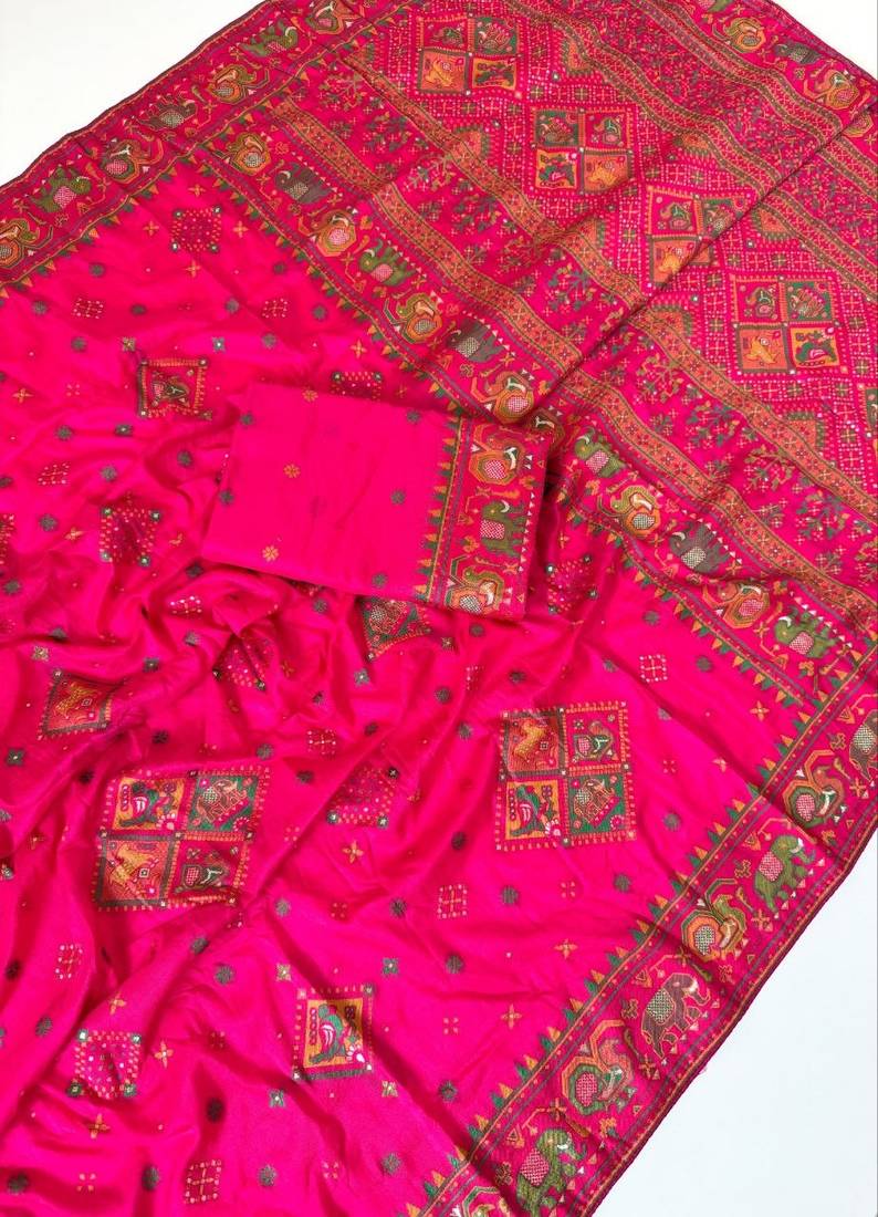 Dark Pink Color Minakari Jaqurad Weaving Work Pasmina Silk Saree