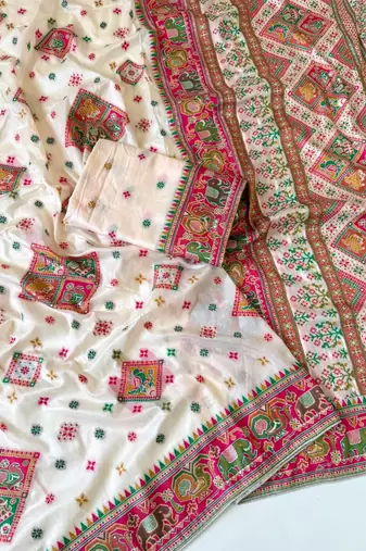 White Color Minakari Jaqurad Weaving Work Pasmina Silk Saree