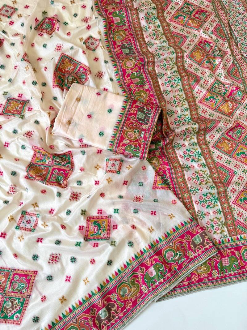 White Color Minakari Jaqurad Weaving Work Pasmina Silk Saree