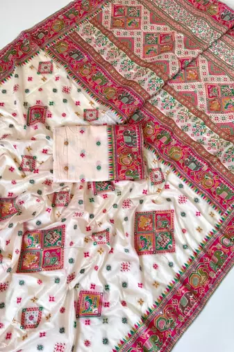 white pashmina silk meenakari jacquard saree