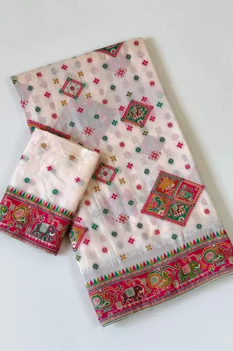 white pashmina silk meenakari jacquard saree