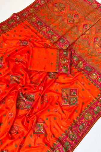 Dark Orange  Color Minakari Jaqurad Weaving Work Pasmina Silk Saree