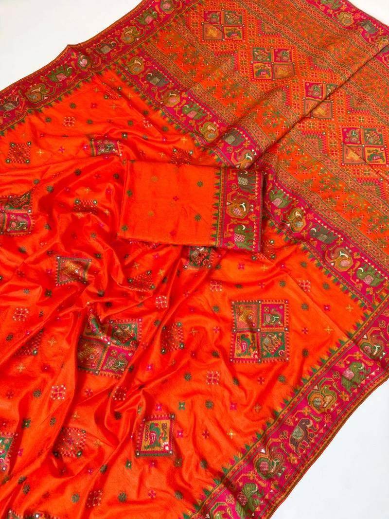 Dark Orange  Color Minakari Jaqurad Weaving Work Pasmina Silk Saree