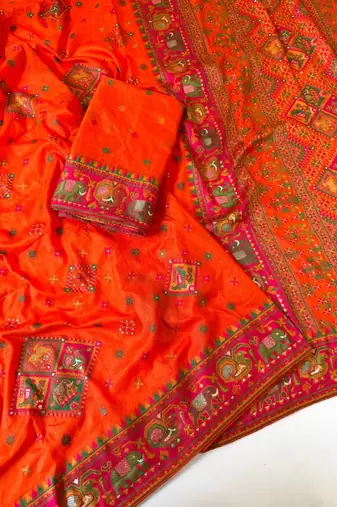dark orange pashmina silk meenakari jacquard saree