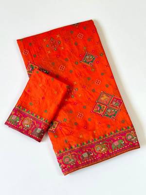dark orange pashmina silk meenakari jacquard saree 3