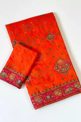 dark orange pashmina silk meenakari jacquard saree