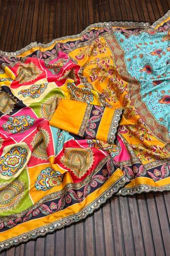 Multi Color  Digital Print Work Silk Saree