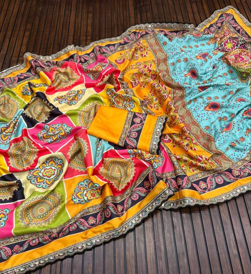 Multi Color  Digital Print Work Silk Saree