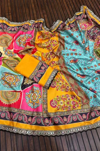 multicolor crepe silk digital print embroidered saree