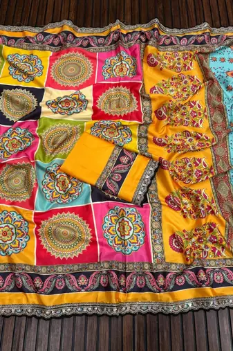 multicolor crepe silk digital print embroidered saree