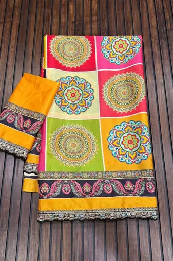 multicolor crepe silk digital print embroidered saree